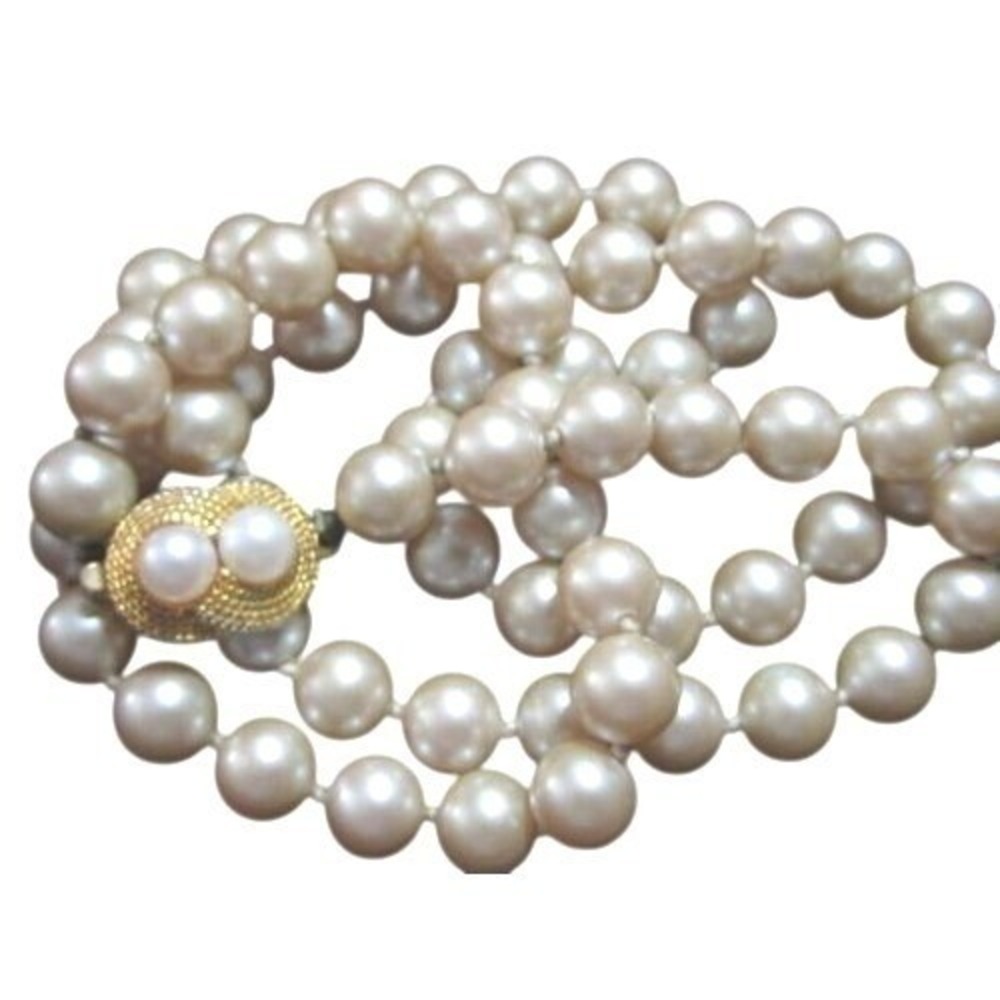 Vintage Glass‎ Champagne Faux Pearl Beads Necklace*24.5" x 8mm*Gold Clasp